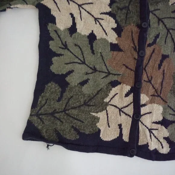 Vintage Christopher Banks Taupe Leaf Botanical Pattern Button Knit Cardigan L - Picture 8 of 10